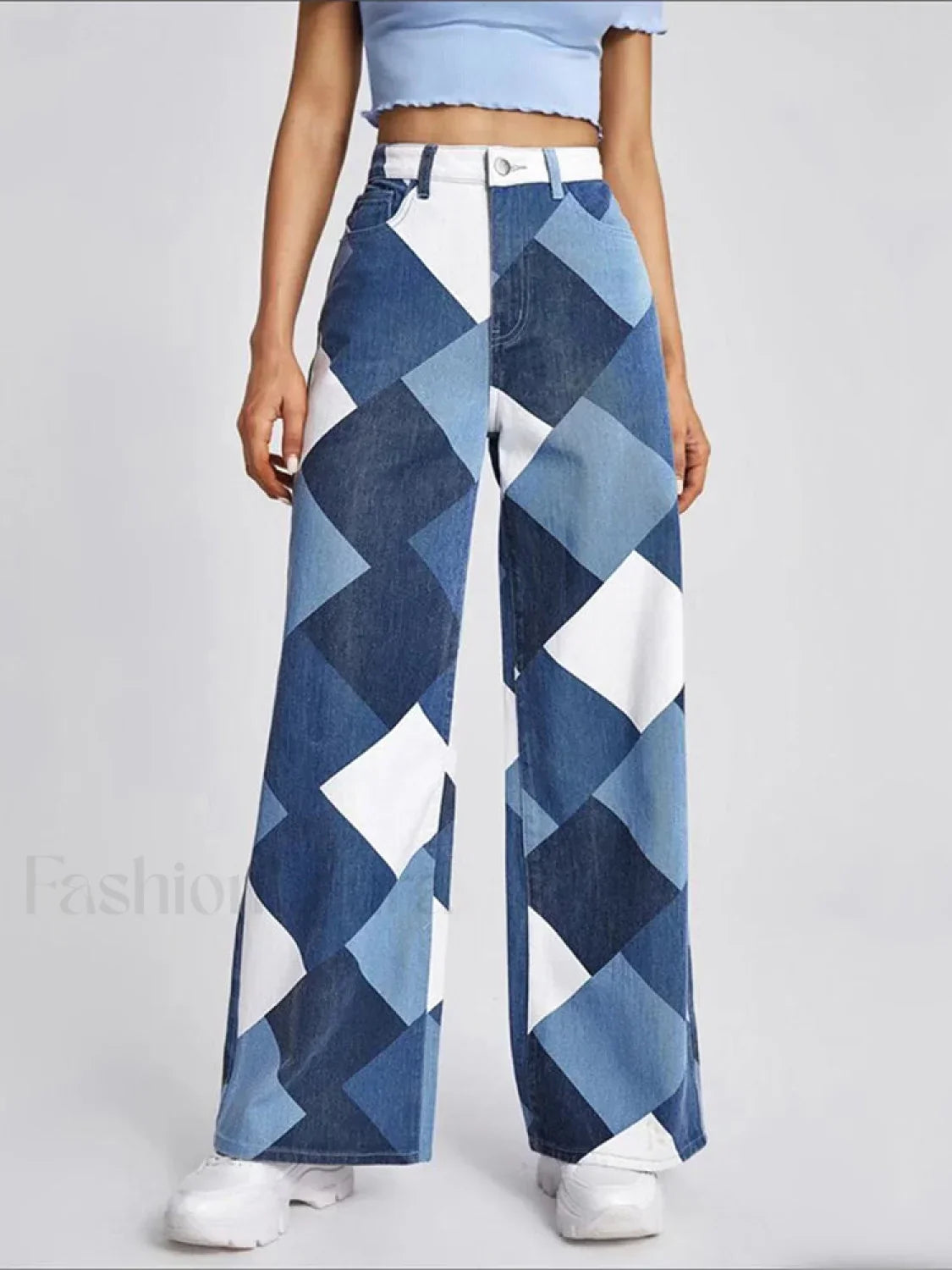Color Block Argyle Print Wide Leg Jeans