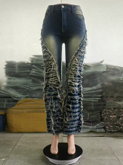 Women Fashion Casual Tassels Stitching Micro Jeans