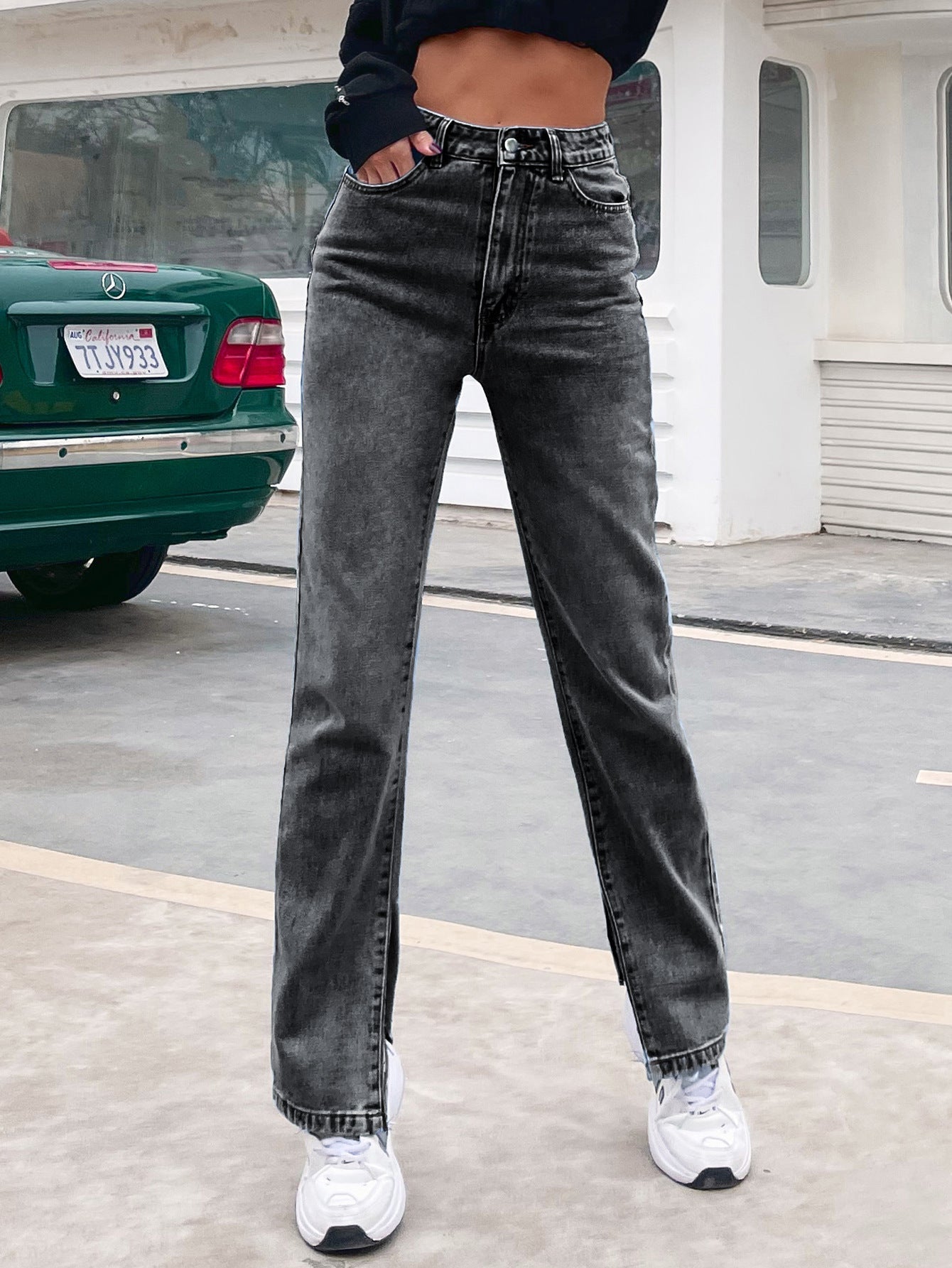 Women Fashion Casual High Waist Denim Trousers Spring Summer Side-Slit Basic Solid Straight Jeans