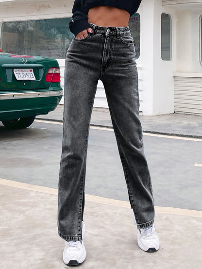 Women Fashion Casual High Waist Denim Trousers Spring Summer Side-Slit Basic Solid Straight Jeans
