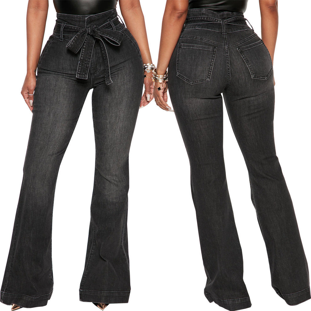 Women Fashion Casual Solid Color High Waist Elastic Flared Jeans