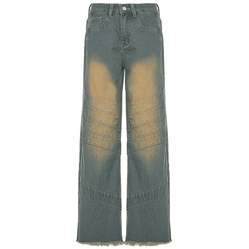 Women Fashion Casual Retro High Waist Stitching Loose Jeans