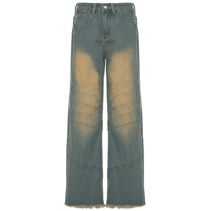 Women Fashion Casual Retro High Waist Stitching Loose Jeans