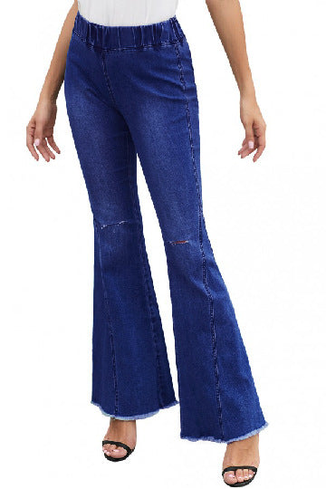 Women Fashion Casual Solid Color Loose Flared Ripped Jeans