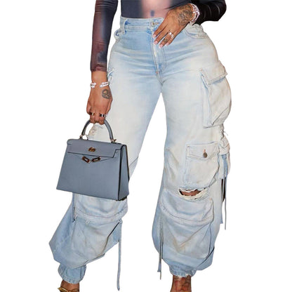 Women Fashion Multi-Pocket Casual Wide-leg Cargo Jeans