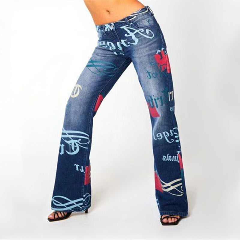 Women Fashion Casual Letter Printing Straight Jeans