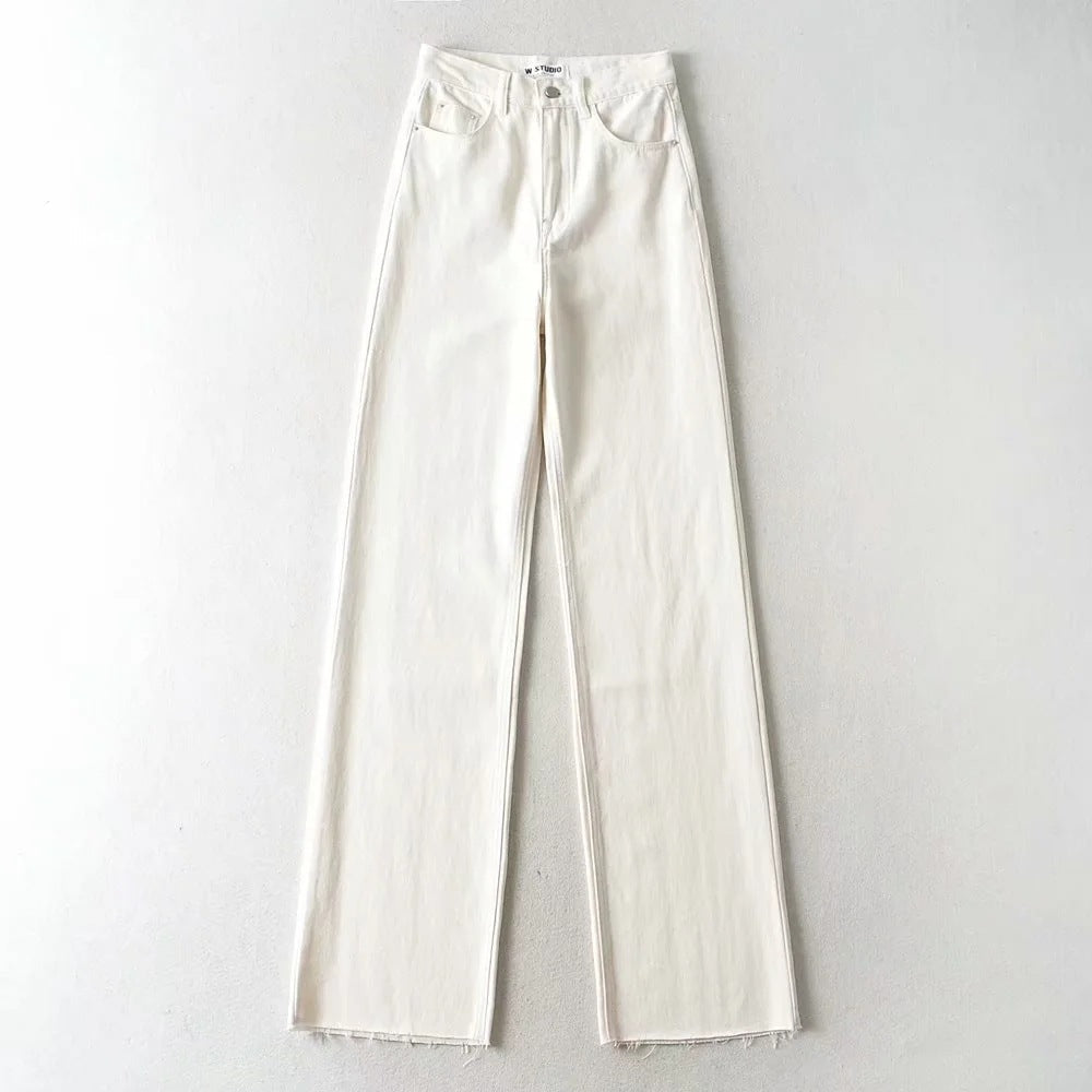 Women Casual Edgy Raw Hem Solid Color High Waist Loose Straight Jeans