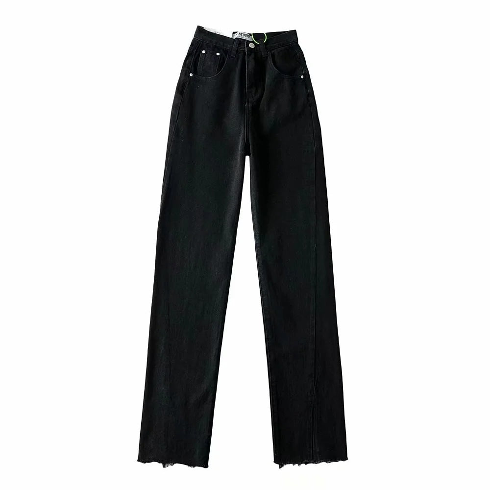 Women Fashion Casual Solid Color Defined Waist Denim Jeans