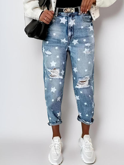 Women Ripped Star Printed Pattern Straight Casual Jeans