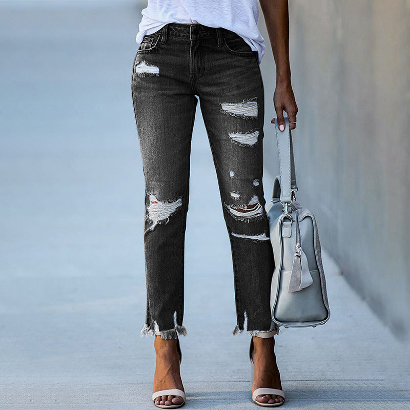 Women Fashion Casual Ripped Slim Mid-Waist Stretchy Skinny Ripped Jeans