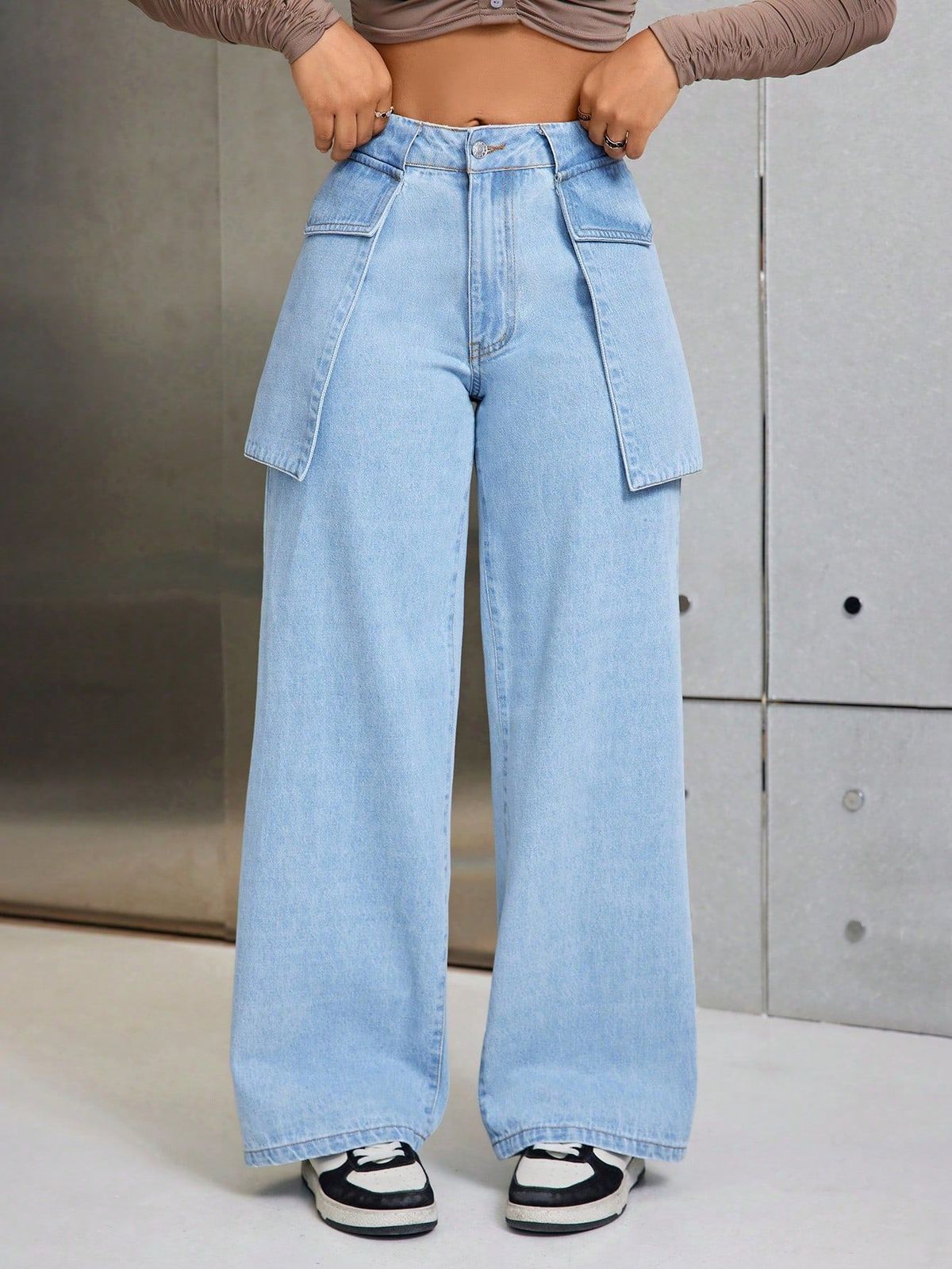 Women Fashion Casual Wide Leg Large Pocket Jeans