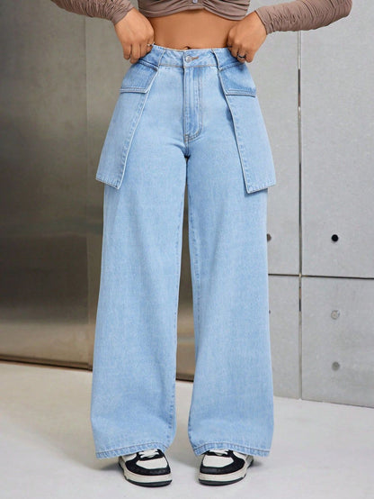 Women Fashion Casual Wide Leg Large Pocket Jeans