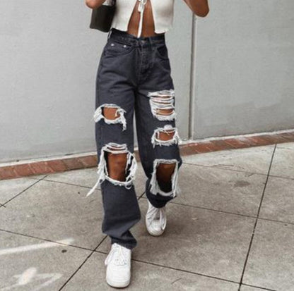 Women Fashion Casual Loose Ripped Jeans