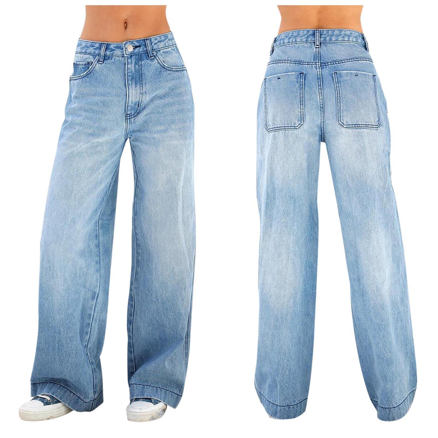 Women Fashion Casual Solid Color Wide Leg Jeans