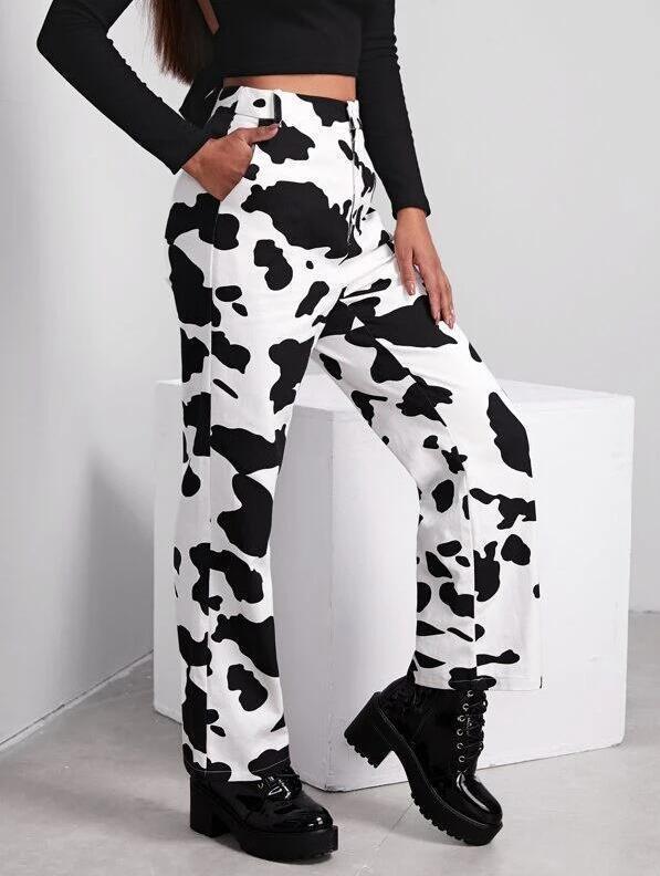 Women Cow Print Loose Straight High Waist Casual Straight Jeans