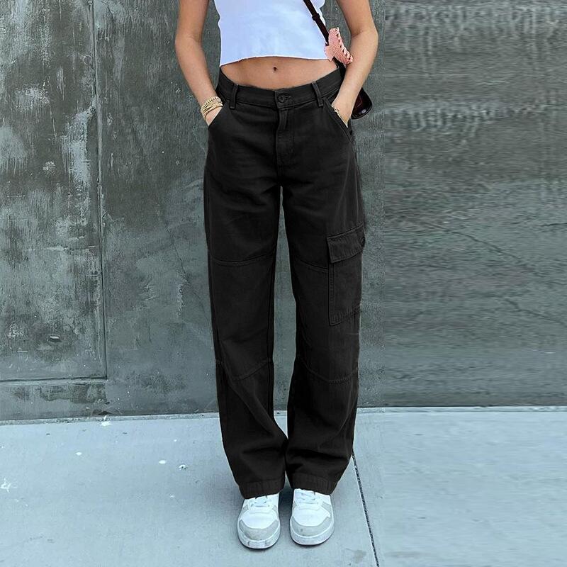Women Solid Color Denim High Waist Pocket Casual Fashion Jeans Cargo Pants