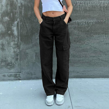 Women Solid Color Denim High Waist Pocket Casual Fashion Jeans Cargo Pants
