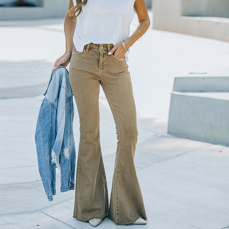 Women Solid Color Casual High Waist Flared Jeans
