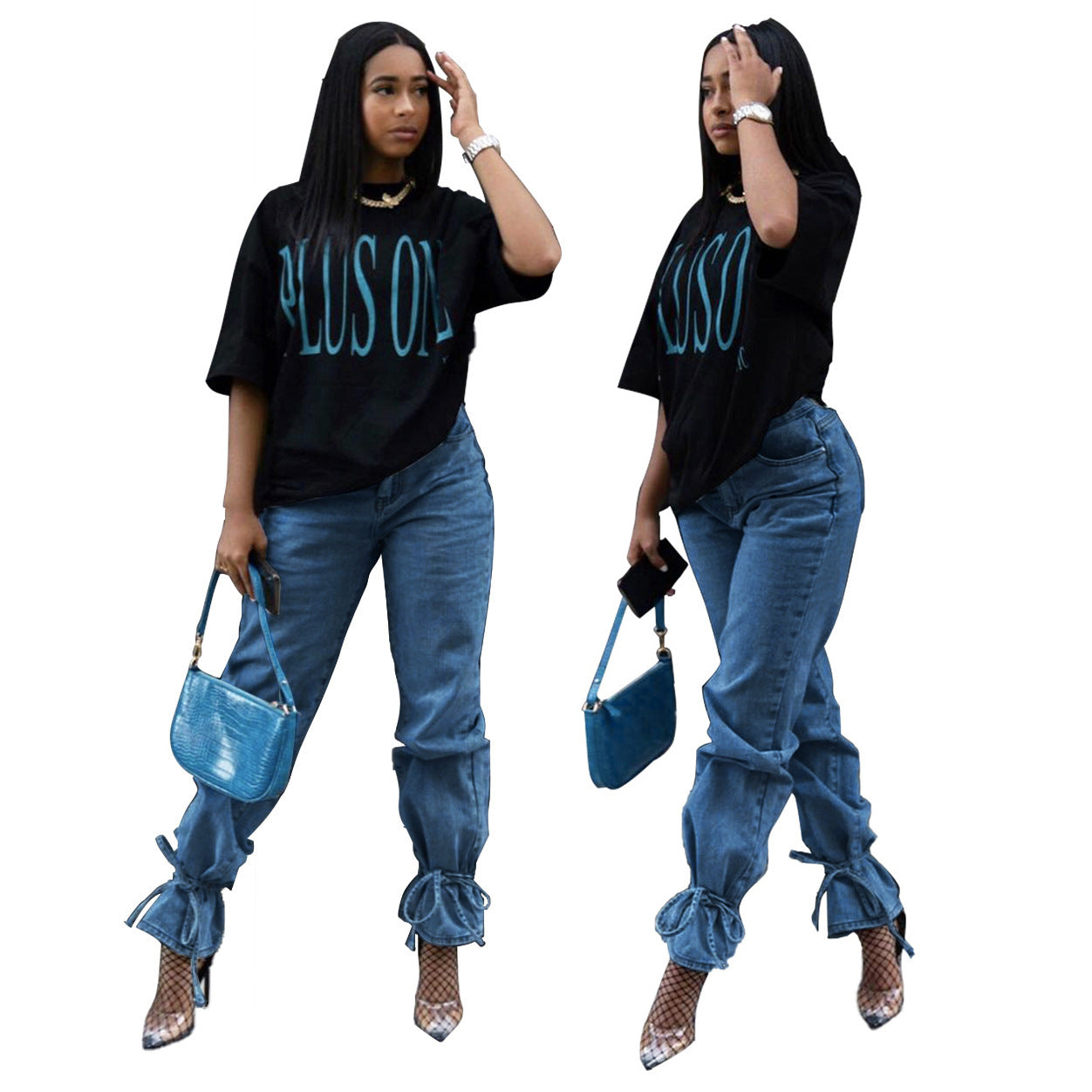 Women Casual Solid Color Ruffled Bandage Jeans
