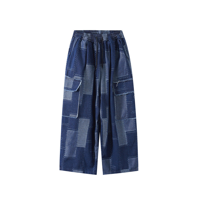 Women Loose Casual Stitching Patch Wide-Leg Multi-Pocket Jeans Cargo Pants