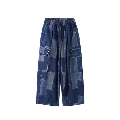 Women Loose Casual Stitching Patch Wide-Leg Multi-Pocket Jeans Cargo Pants