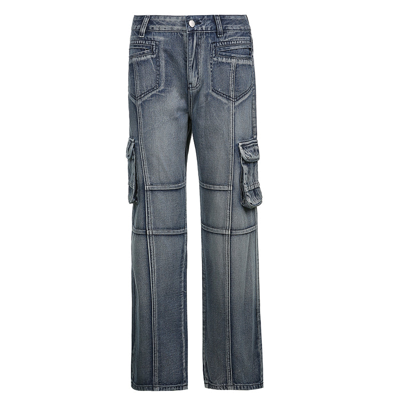 Women Vintage Low Waisted Patchwork Pockets Casual Jeans Cargo Pants