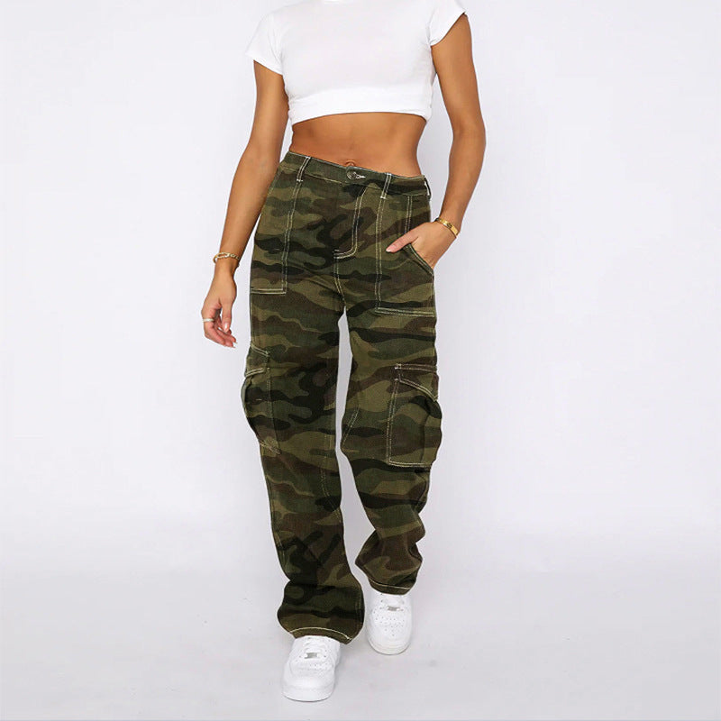 Women Casual Loose Camouflage Pocket Cargo Jeans