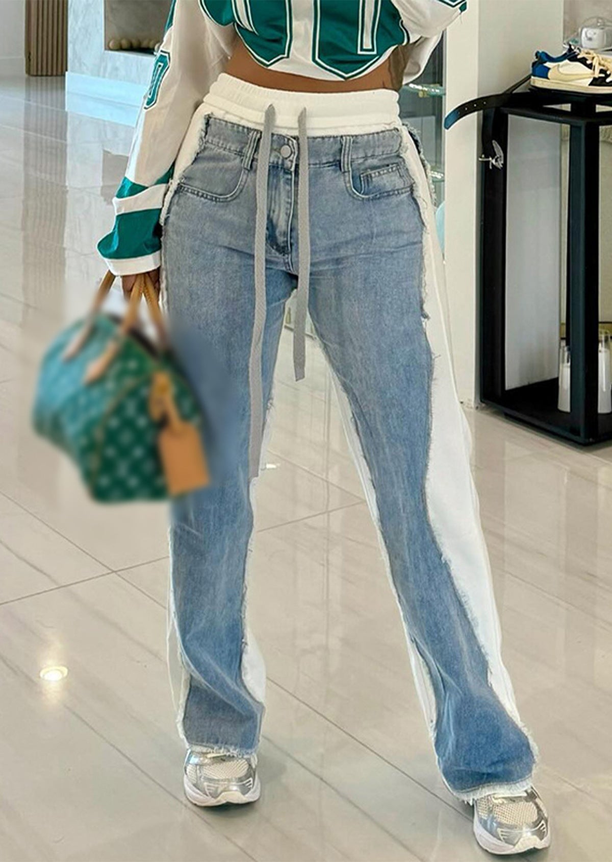 Women Fashion Casual Stitching Drawstring Jeans