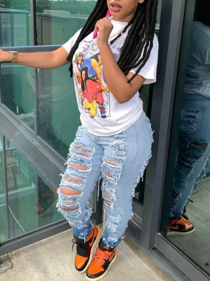Women Casual Ripped Tight High Waist Stretch Jeans
