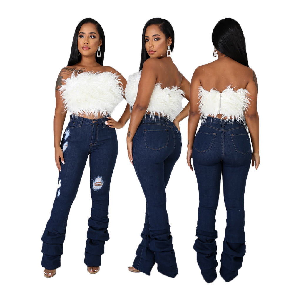 Women Casual Raw Hem Ripped Jeans