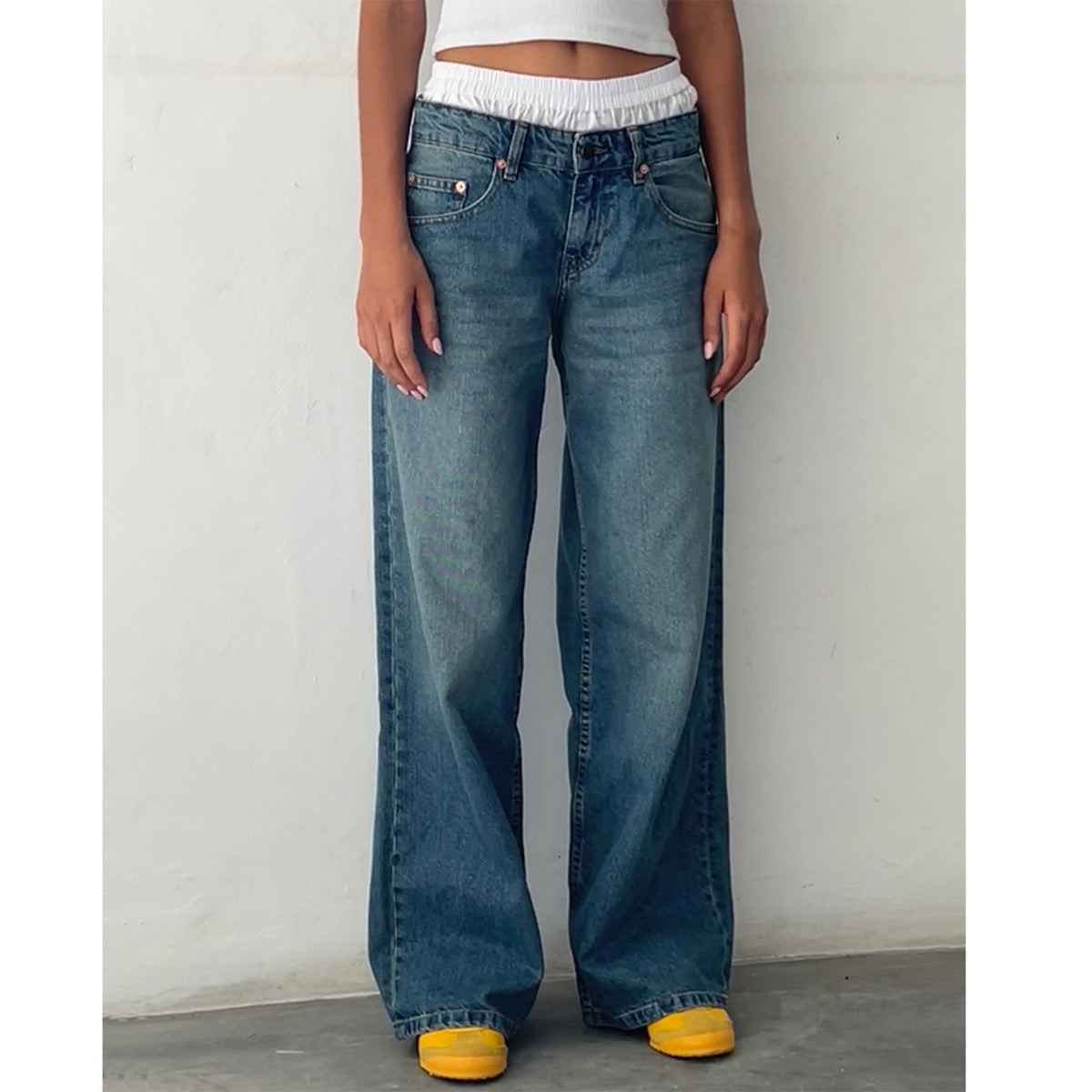 Women Casual Reteo Solid Color Low Waist Straight Jeans