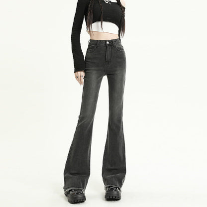 Women Fashion Casual Solid Color Raw Hem Denim Flared Jeans