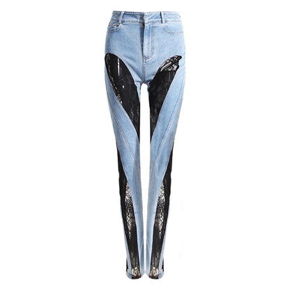 Women Fashion Casual Patchwork Lace High-Waist Straight Jeans