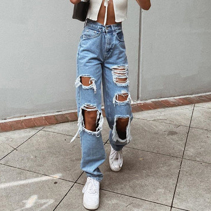 Women Fashion Casual Straight Leg Loose Ripped Jeans