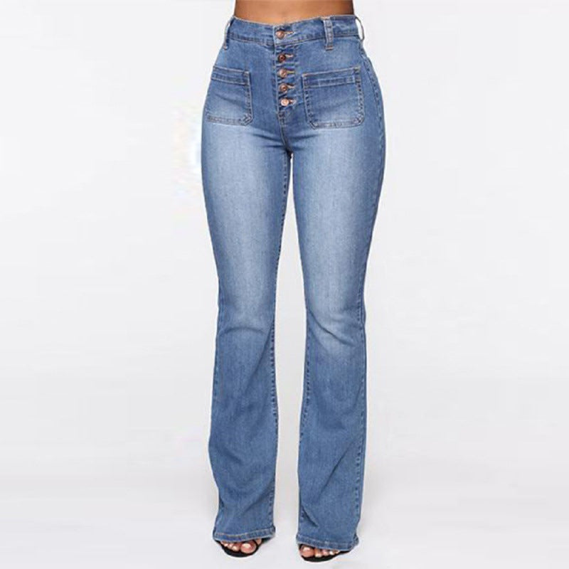 Women Fashion Casual High Waist Pocket Straight Jeans