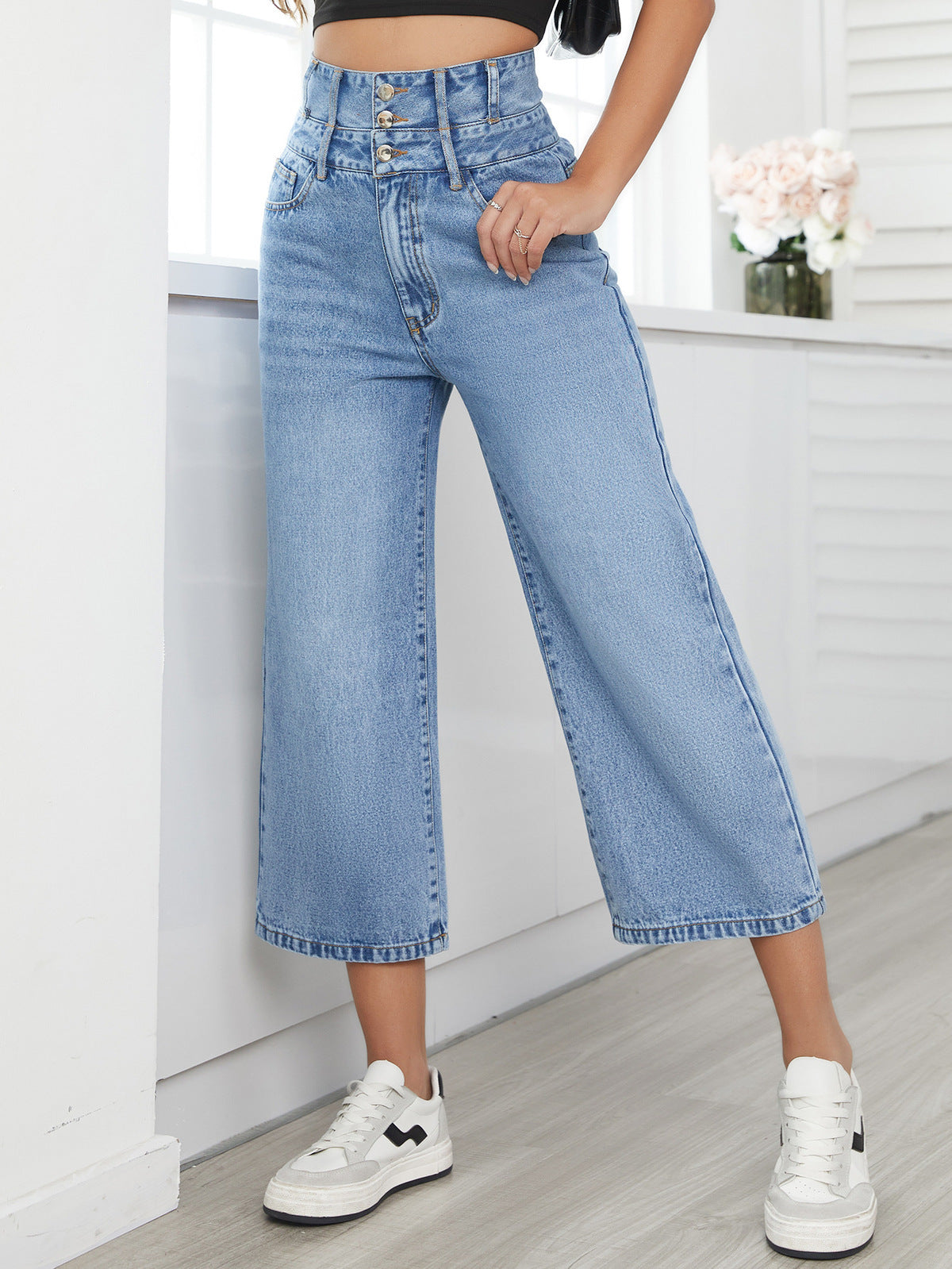 Women Fashion Casual High Waist Straight Jeans