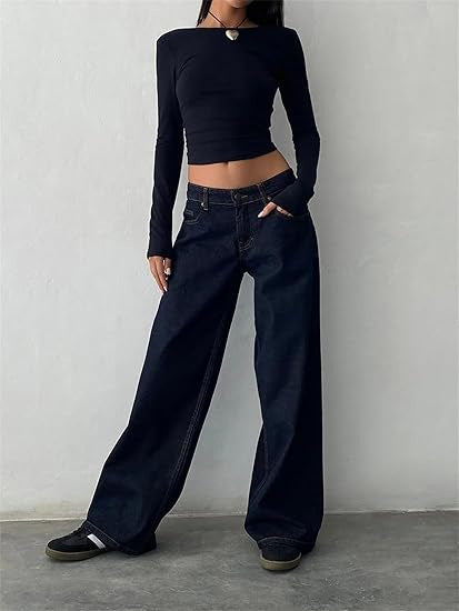 Women Casual Reteo Solid Color Low Waist Straight Jeans
