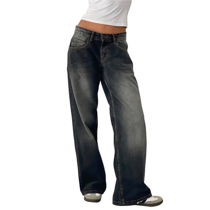 Women Casual Reteo Solid Color Low Waist Straight Jeans