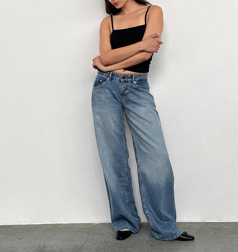 Women Casual Reteo Solid Color Low Waist Straight Jeans