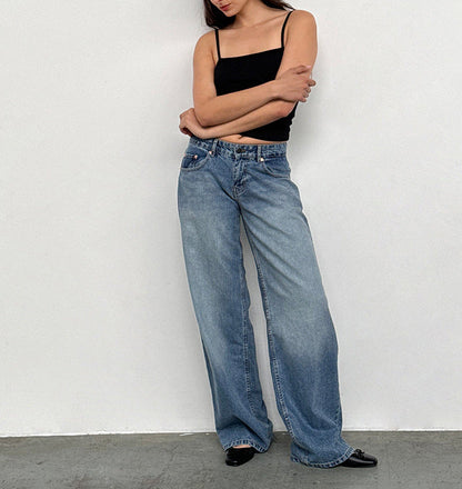 Women Casual Reteo Solid Color Low Waist Straight Jeans