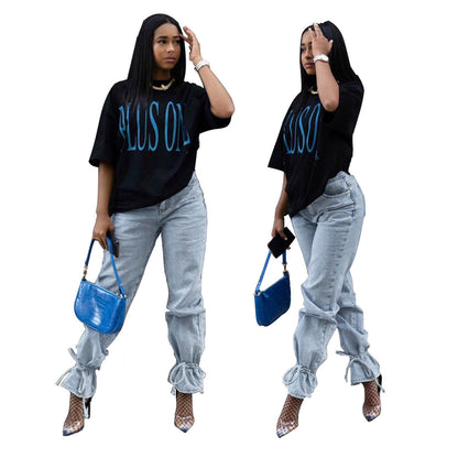 Women Casual Solid Color Ruffled Bandage Jeans