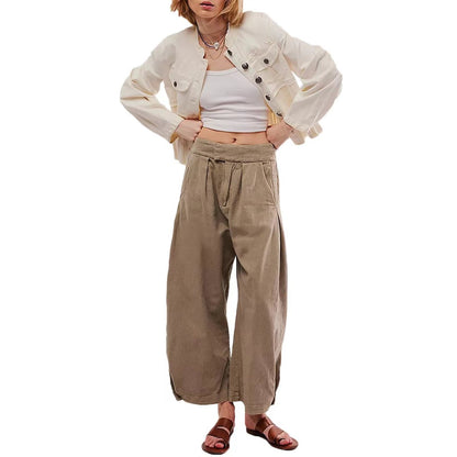 Women Fashion Casual Loose Solid Color Elastic Waisted Jeans