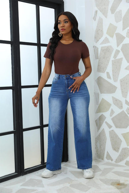 Women Fashion Casual High Waist Straight Jeans