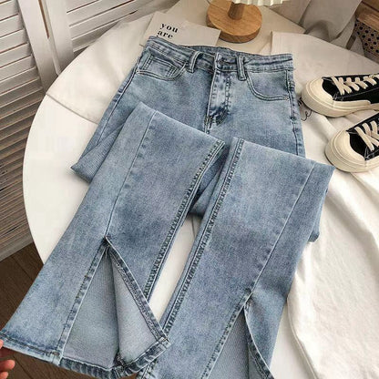 Women Fashion Casual High Waist Slim Split Jeans