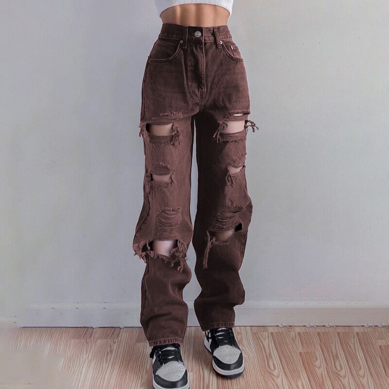 Women Denim High Waist Solid Color Ripped Casual Fashion Jeans