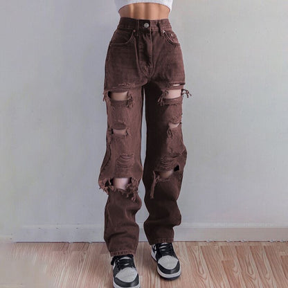 Women Denim High Waist Solid Color Ripped Casual Fashion Jeans