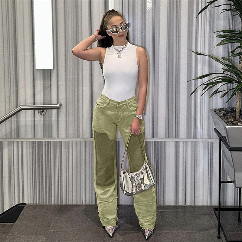 Women Fashion Casual Color Block High Waist Loose Jeans