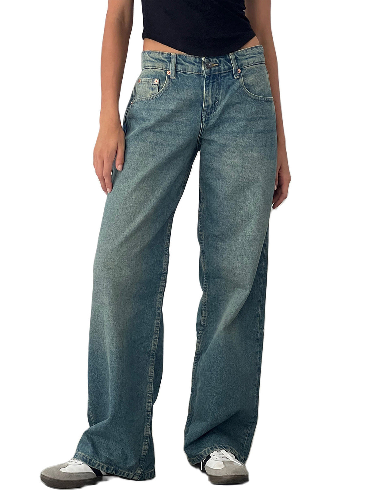 Women Fashion Casual Straight Wide Leg Jeans
