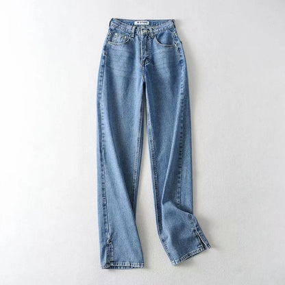 Women Fashion Casual Solid Color Front Split Defined Waist Denim Jeans