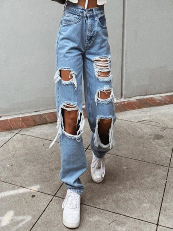 Women Fashion Casual Loose Ripped Jeans